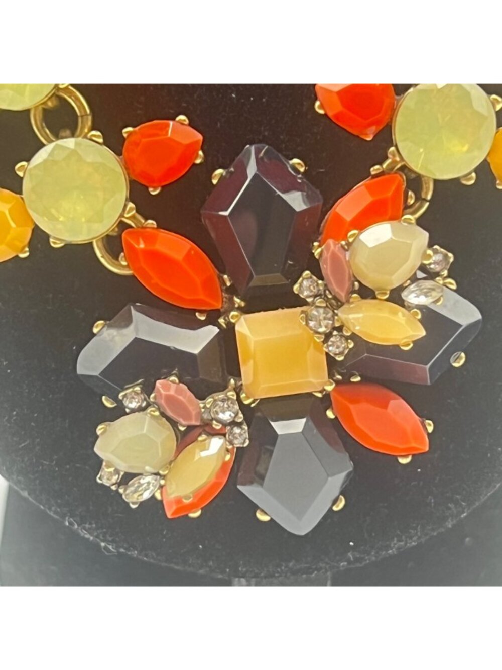 J Crew Statement Necklace Orange Black Yellow Floral Design 15+3" Gold Tone - Picture 10 of 11